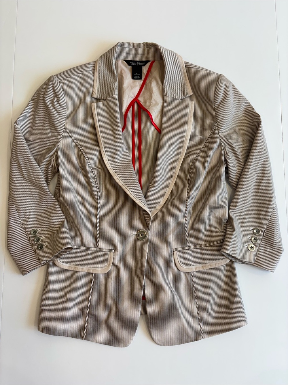 White House Black Market Beige & Gray Pinstripe Blazer with Contrast Trim 4